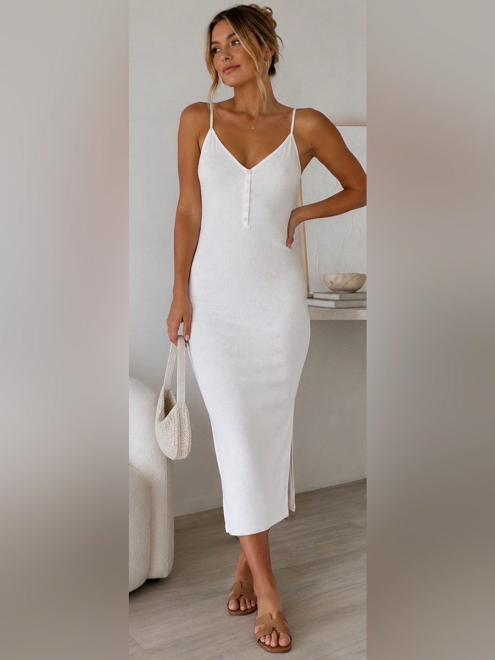 SNDYS White Ribbed Midi Dress Women’s US 6 Bodycon Button Front Cami Stretch